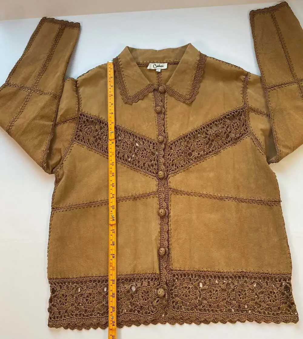 Carducci Vintage Suede Patchwork Jacket with Crochet Lace Trim Size L
